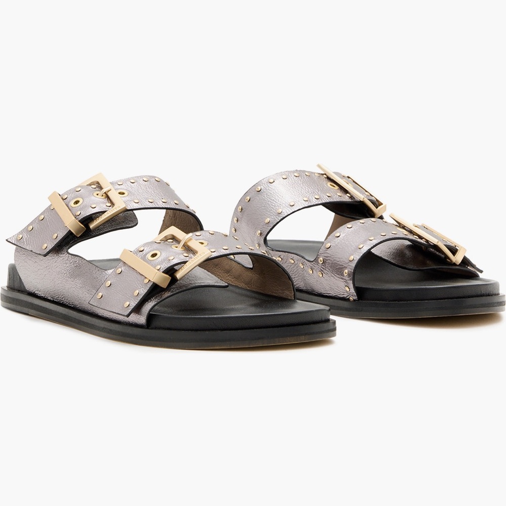 ALLSAINTS Magda Metallic Double Buckle Sandals NIB - Picture 6 of 9